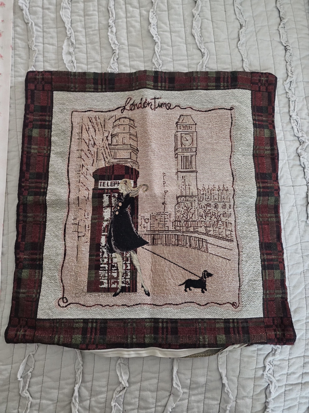 London Time Decorative Throw Pillow Cover with Plaid Border